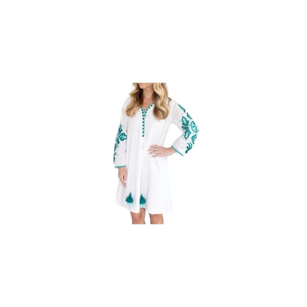 New Bindu Boho Embroidered Tunic Mini Dress White Aqua Teal M resort cruise